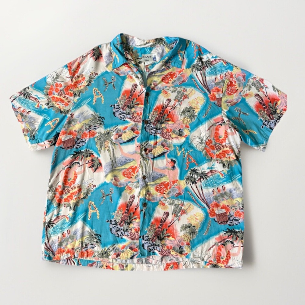 Iolani Men's Hawaiian Shirt Size XL Floral Blue USA 100% Rayon hula girl ,Fruit‎